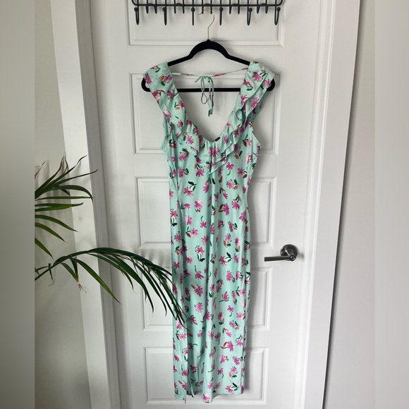 Mint Green Floral Satin Midi Dress - Picture 3 of 7